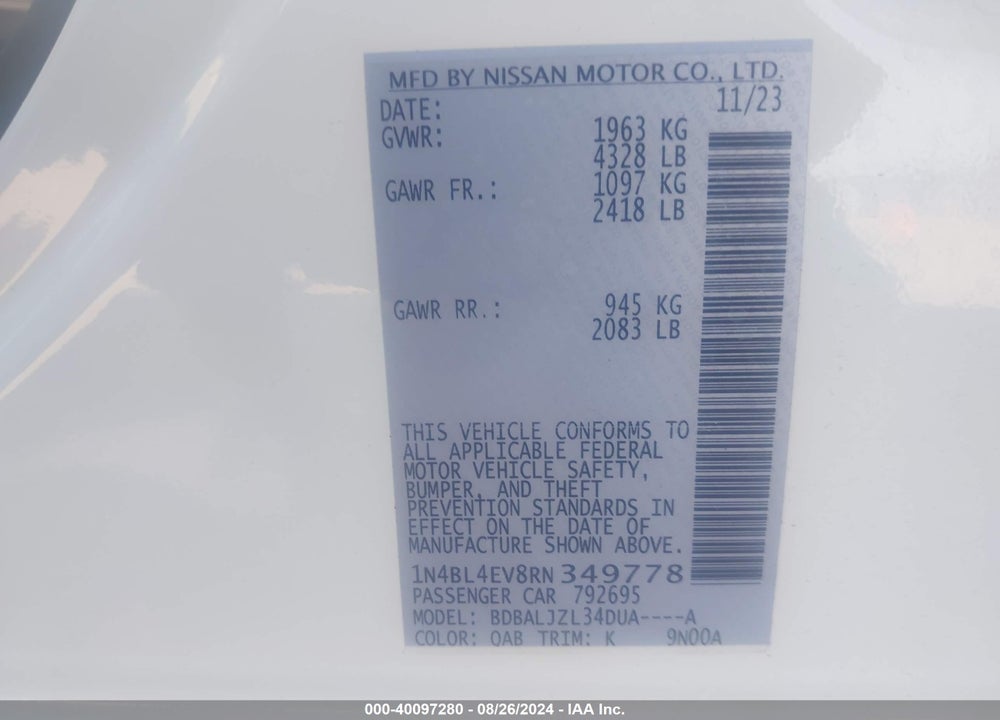 2024 NISSAN ALTIMA SL FWD VIN: 1N4BL4EV8RN349778