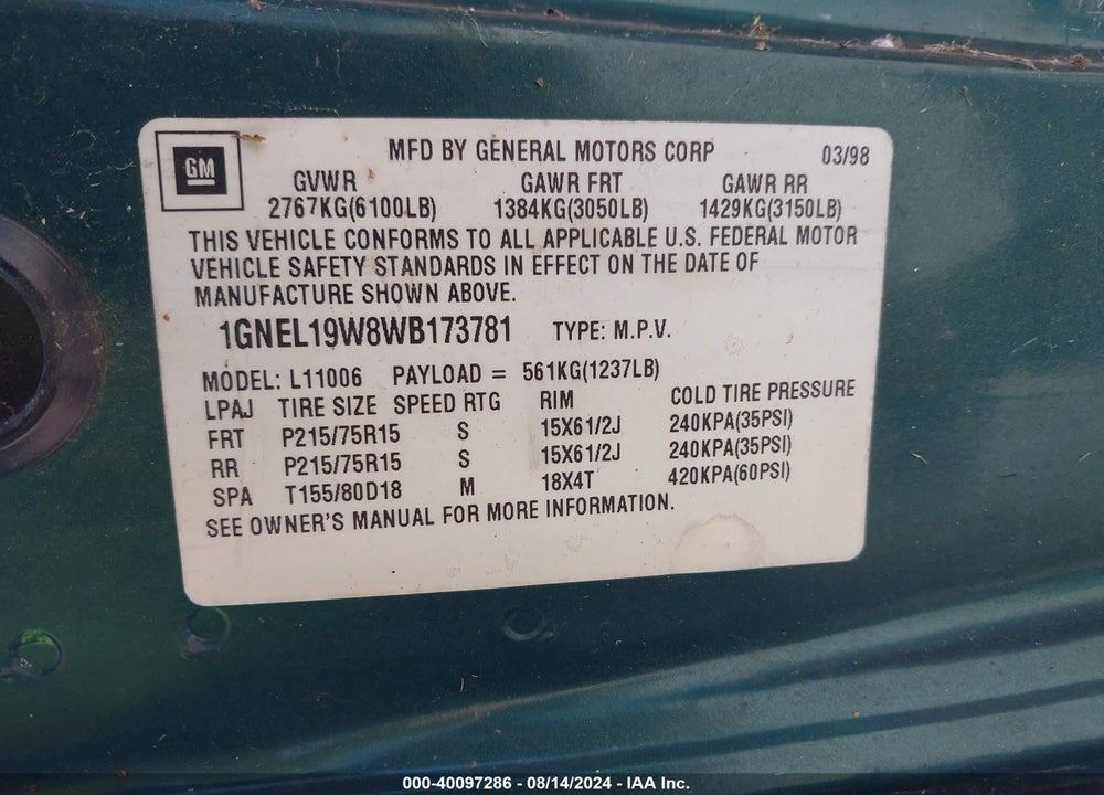 1998 CHEVROLET ASTRO VIN: 1GNEL19W8WB173781