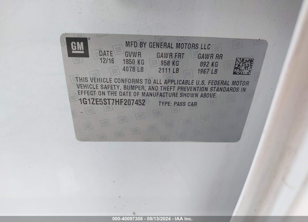 2017 CHEVROLET MALIBU 1LT VIN: 1G1ZE5ST7HF207452