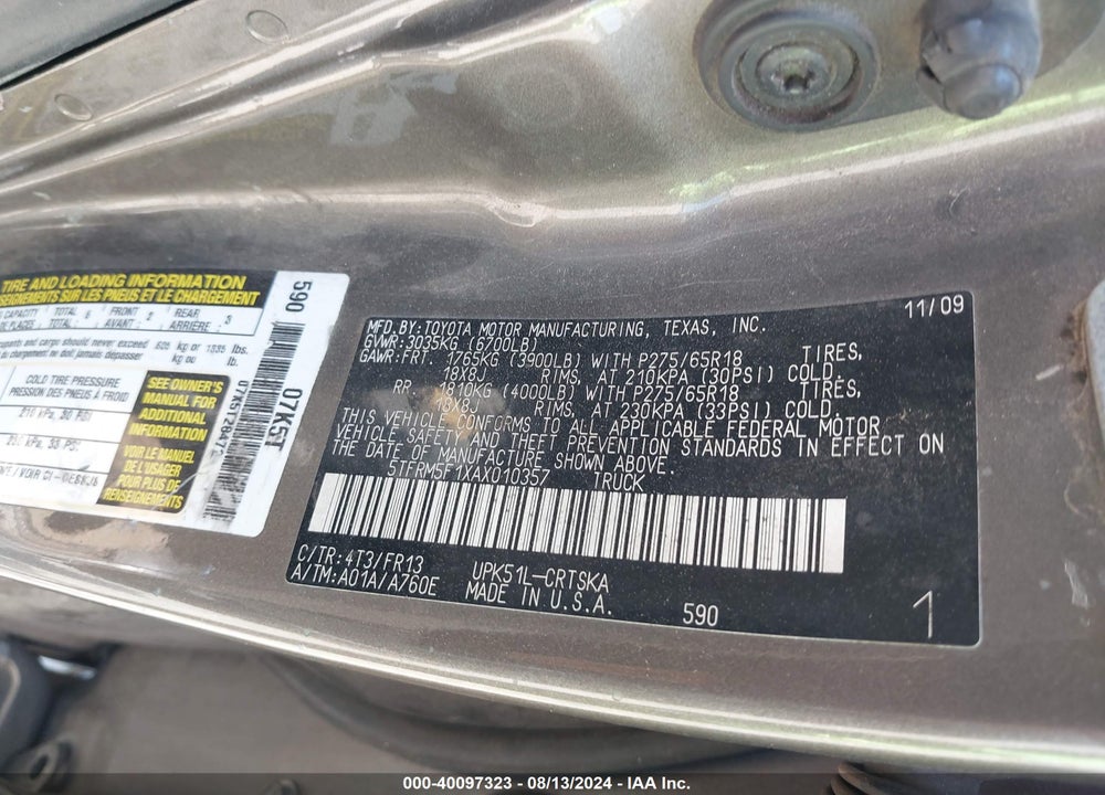 2010 TOYOTA TUNDRA GRADE 4.6L V8 VIN: 5TFRM5F1XAX010357