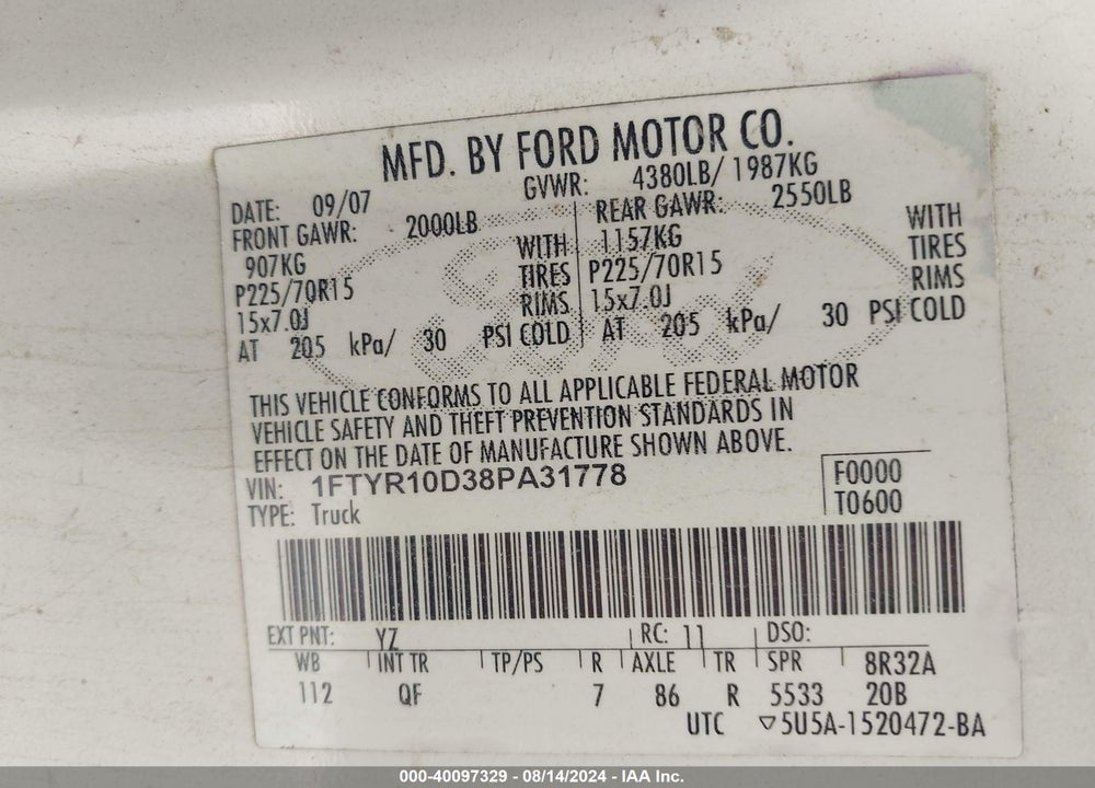 2008 FORD RANGER XL/XLT VIN: 1FTYR10D38PA31778