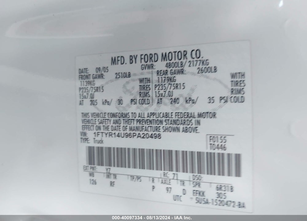 2006 RANGER FORD  SPORT/STX/XL/XLT VIN: 1FTYR14U96PA20498