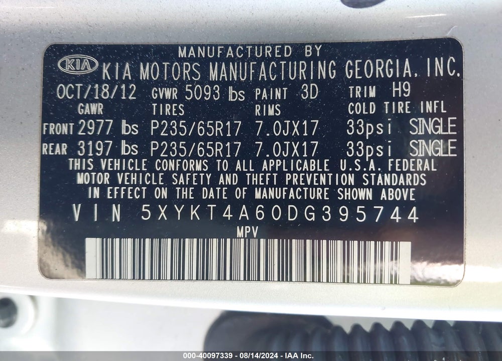 2013 KIA SORENTO LX VIN: 5XYKT4A60DG395744
