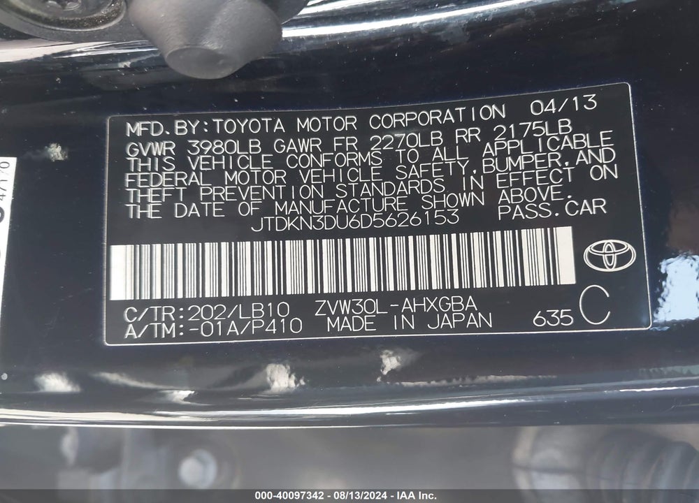 2013 TOYOTA PRIUS VIN: JTDKN3DU6D5626153