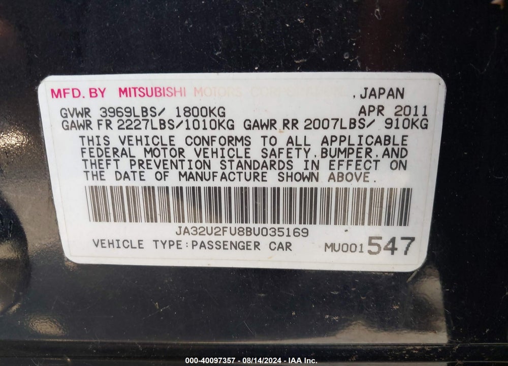 2011 MITSUBISHI LANCER ES VIN: JA32U2FU8BU035169