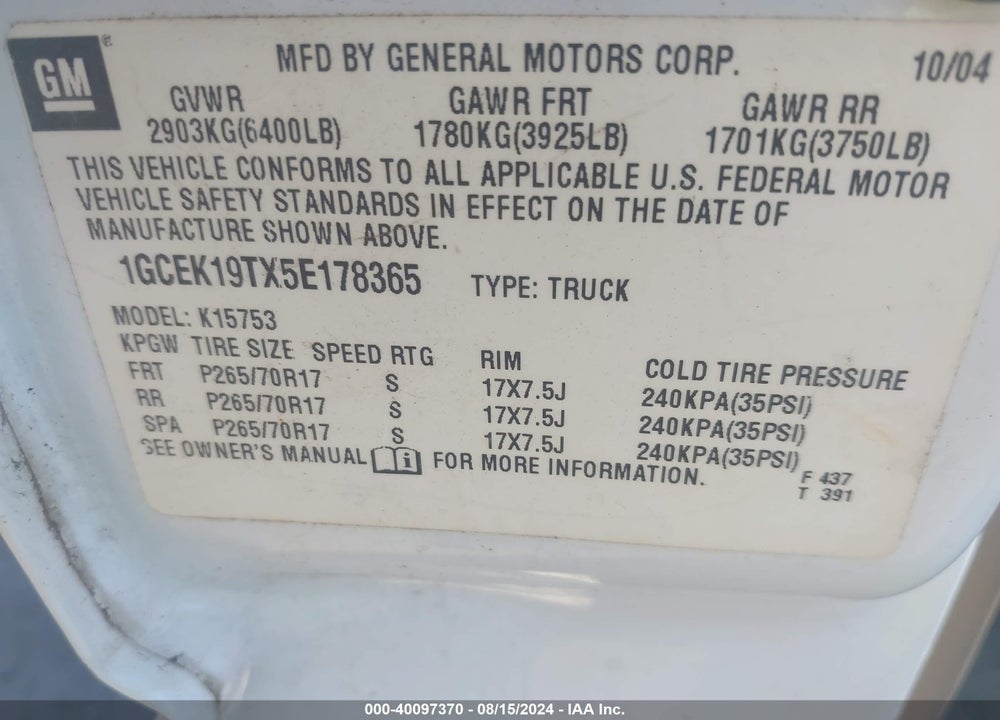 2005 CHEVROLET SILVERADO 1500 LS VIN: 1GCEK19TX5E178365