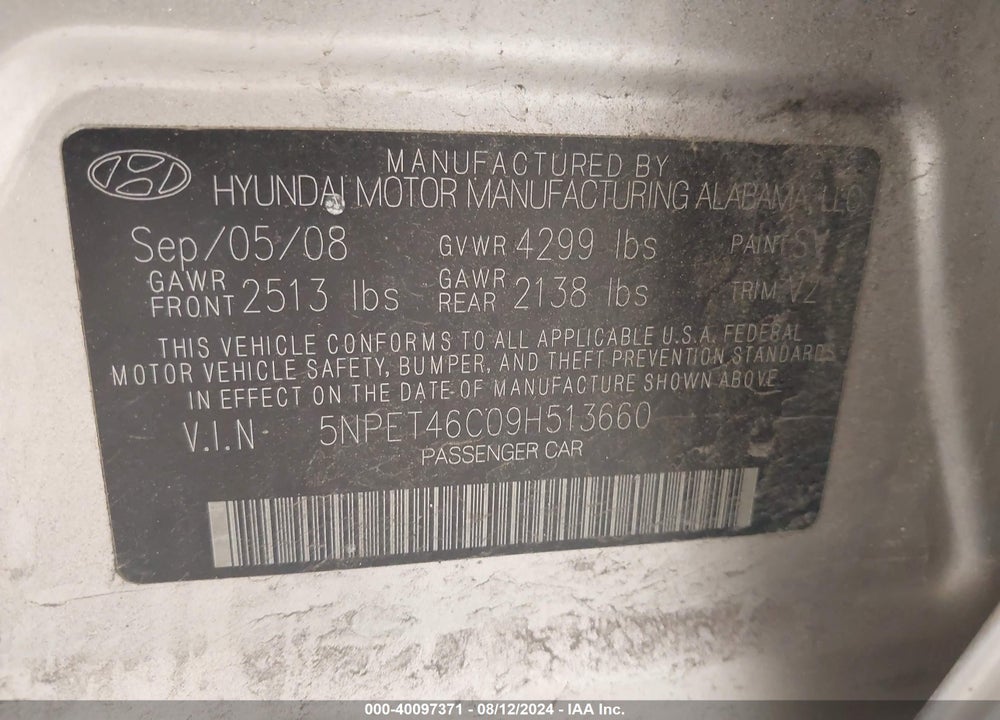 2009 HYUNDAI SONATA GLS VIN: 5NPET46C09H513660