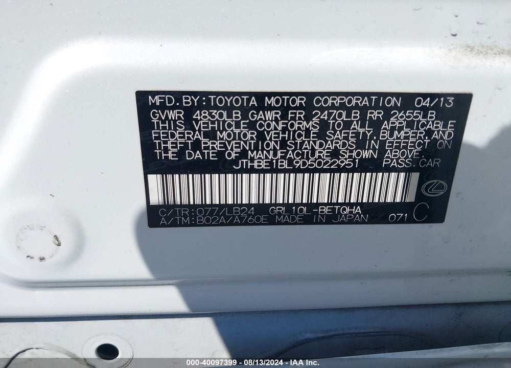 2013 LEXUS GS 350 VIN: JTHBE1BL9D5022951