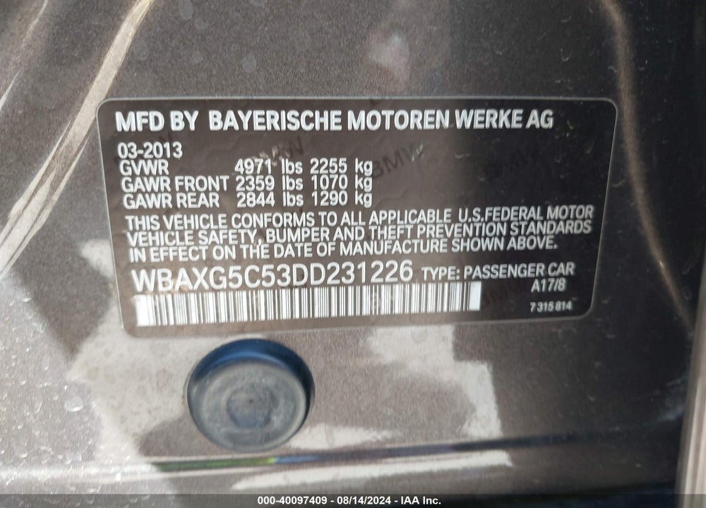 2013 BMW 528I VIN: WBAXG5C53DD231226