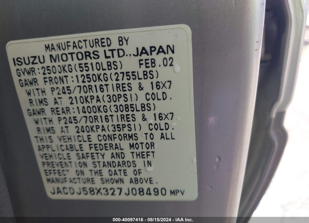 2002 ISUZU TROOPER LIMITED/LS/S VIN: JACDJ58X327J08490