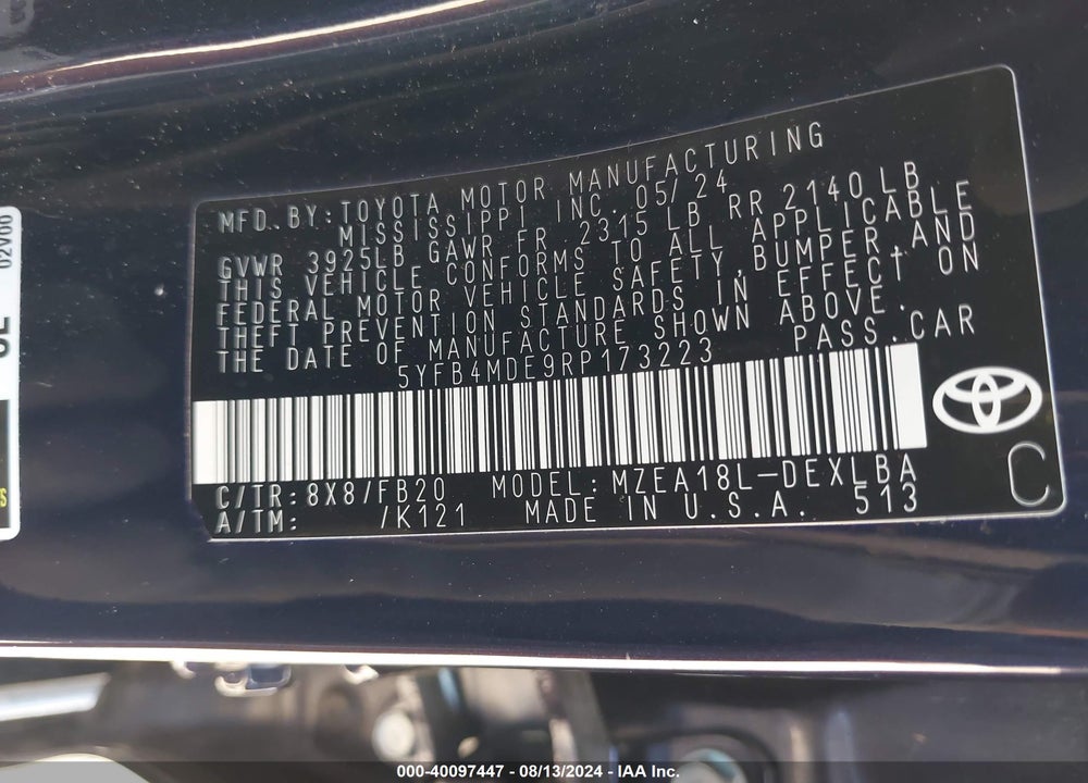 2024 TOYOTA COROLLA LE VIN: 5YFB4MDE9RP173223