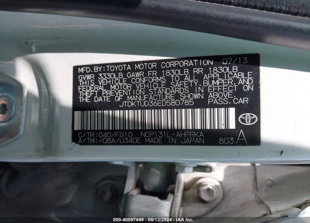 2014 TOYOTA YARIS LE (TMC/CBU PLANT) VIN: JTDKTUD36ED580785