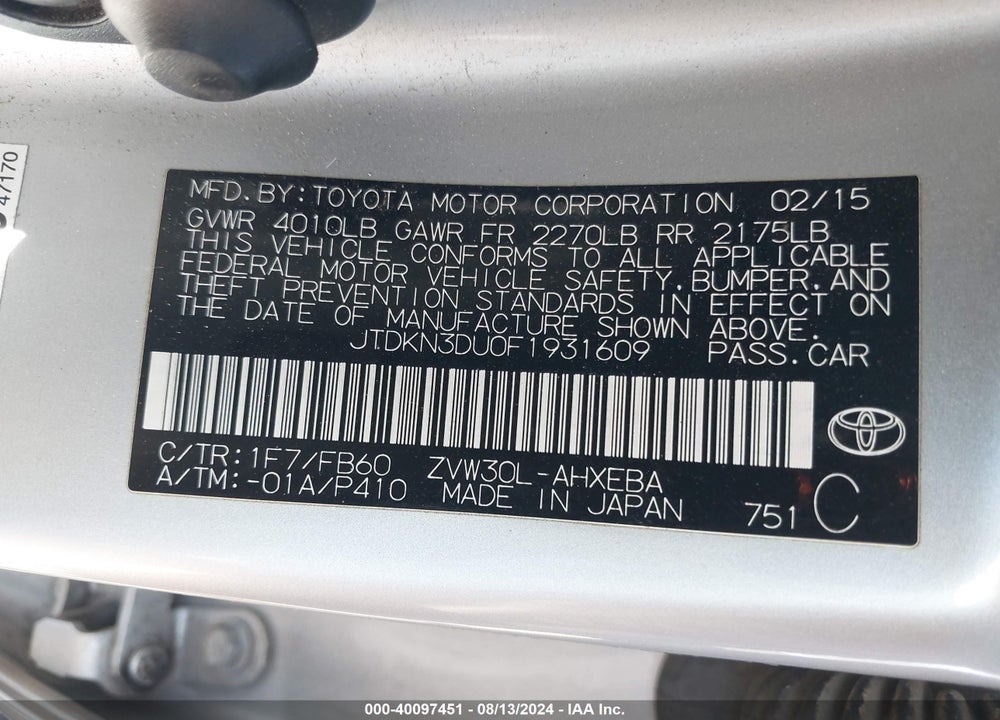 2015 TOYOTA PRIUS TWO VIN: JTDKN3DU0F1931609