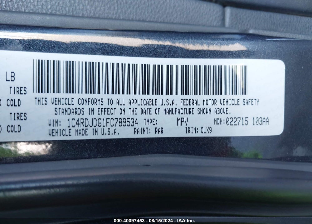 2015 DODGE DURANGO LIMITED VIN: 1C4RDJDG1FC789534