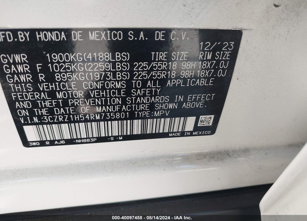 2024 HONDA HR-V 2WD SPORT/2WD SPORT W/O BSI VIN: 3CZRZ1H54RM735801