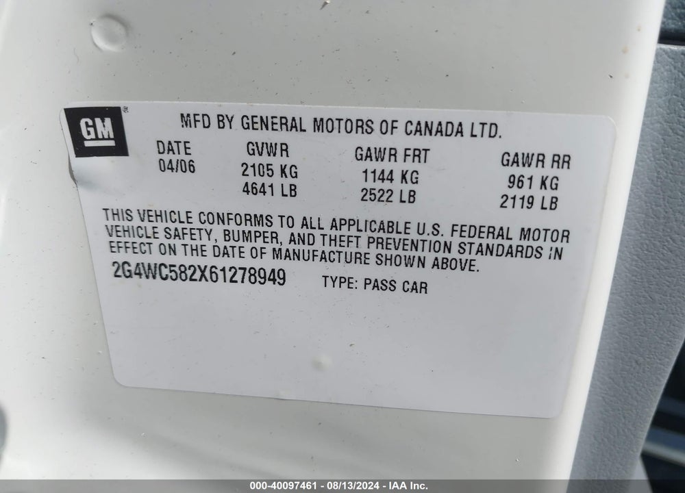 2006 BUICK LACROSSE VIN: 2G4WC582X61278949