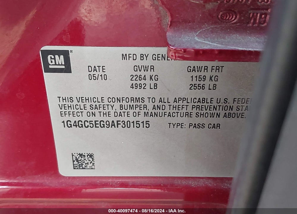 2010 BUICK LACROSSE CXL VIN: 1G4GC5EG9AF301515