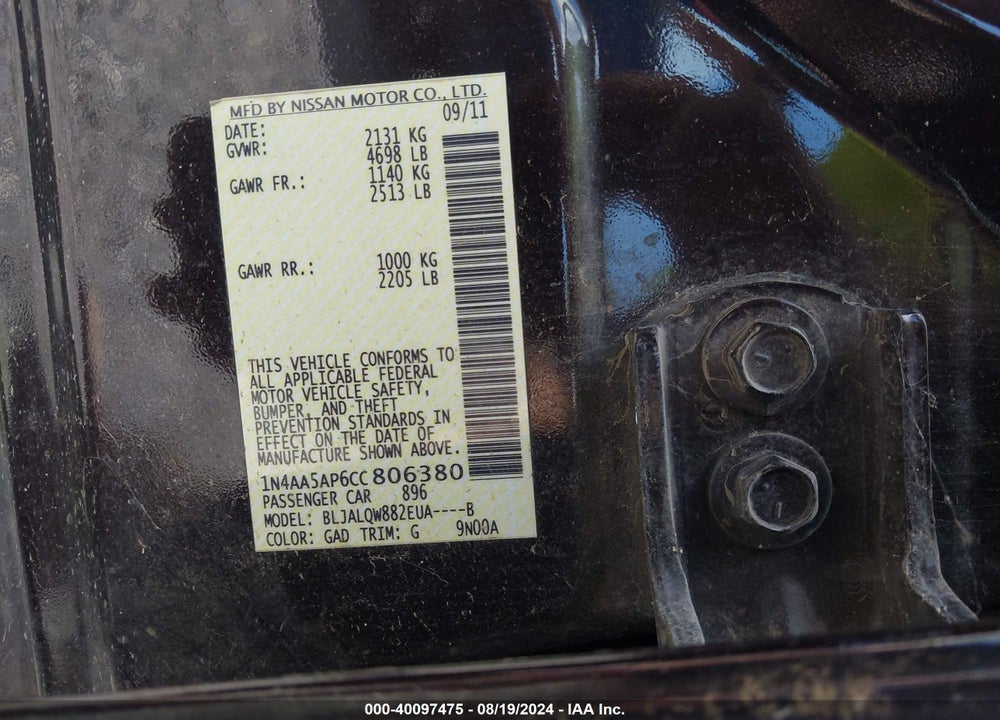 2012 NISSAN MAXIMA 3.5 S VIN: 1N4AA5AP6CC806380