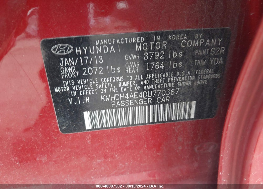 2013 HYUNDAI ELANTRA GLS VIN: KMHDH4AE4DU770367