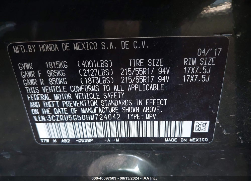 2017 HONDA HR-V EX VIN: 3CZRU5G50HM724042