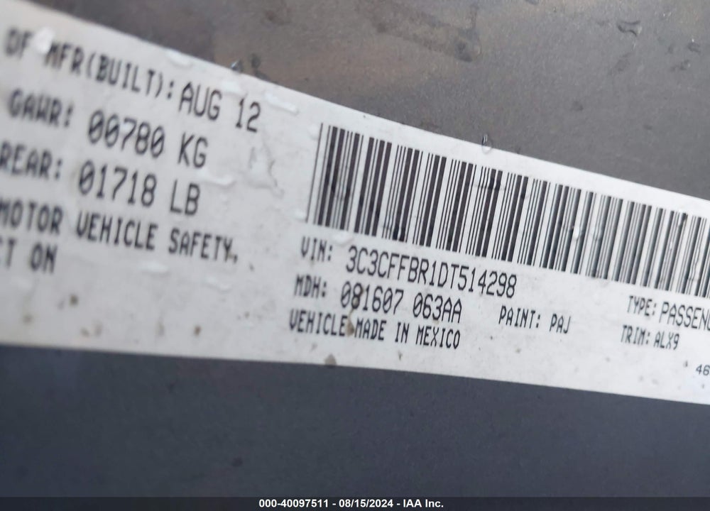 2013 FIAT 500 SPORT VIN: 3C3CFFBR1DT514298
