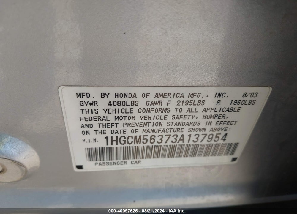 2003 HONDA ACCORD 2.4 LX VIN: 1HGCM56373A137954
