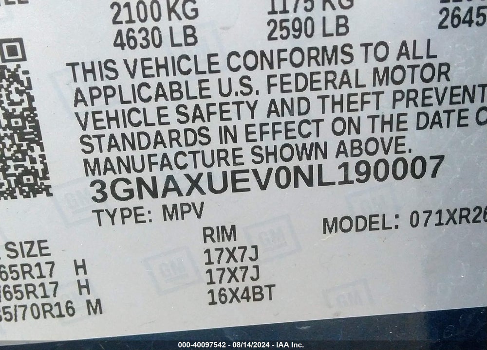 2022 CHEVROLET EQUINOX AWD LT VIN: 3GNAXUEV0NL190007