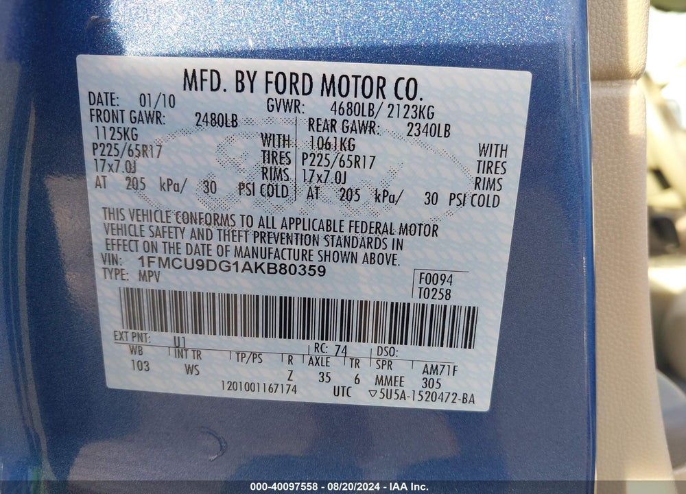 2010 FORD ESCAPE XLT VIN: 1FMCU9DG1AKB80359