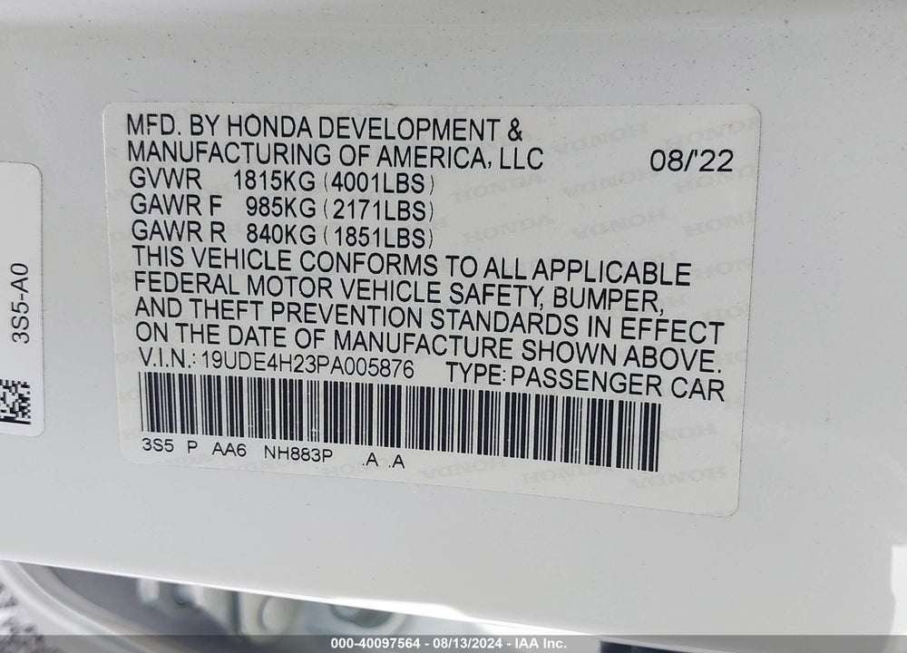 2023 ACURA INTEGRA VIN: 19UDE4H23PA005876