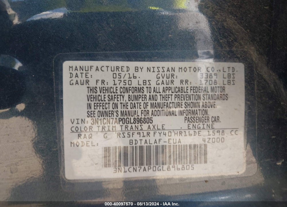 2016 NISSAN VERSA 1.6 S+ VIN: 3N1CN7AP0GL896805