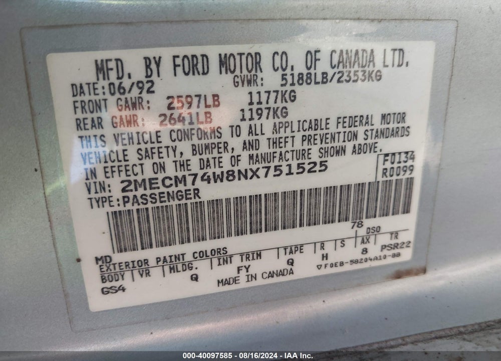 1992 MERCURY GRAND MARQUIS GS VIN: 2MECM74W8NX751525