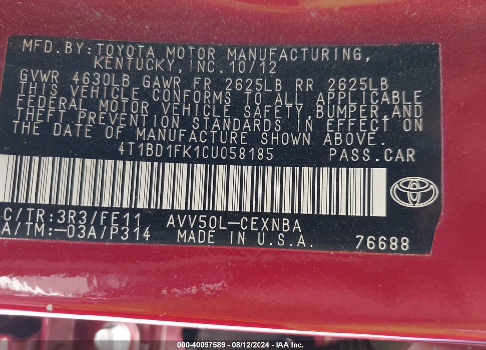 2012 TOYOTA CAMRY HYBRID LE VIN: 4T1BD1FK1CU058185