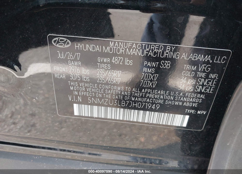 2018 HYUNDAI SANTA FE SPORT 2.4L VIN: 5NMZU3LB7JH071949