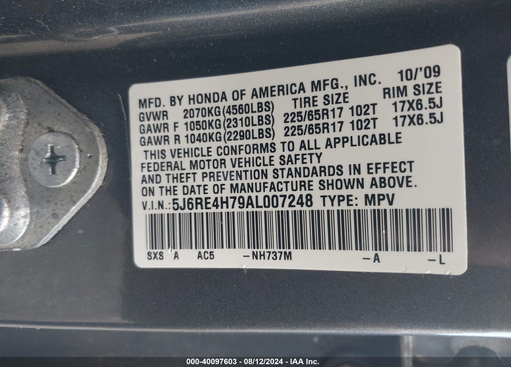 2010 HONDA CR-V EX-L VIN: 5J6RE4H79AL007248