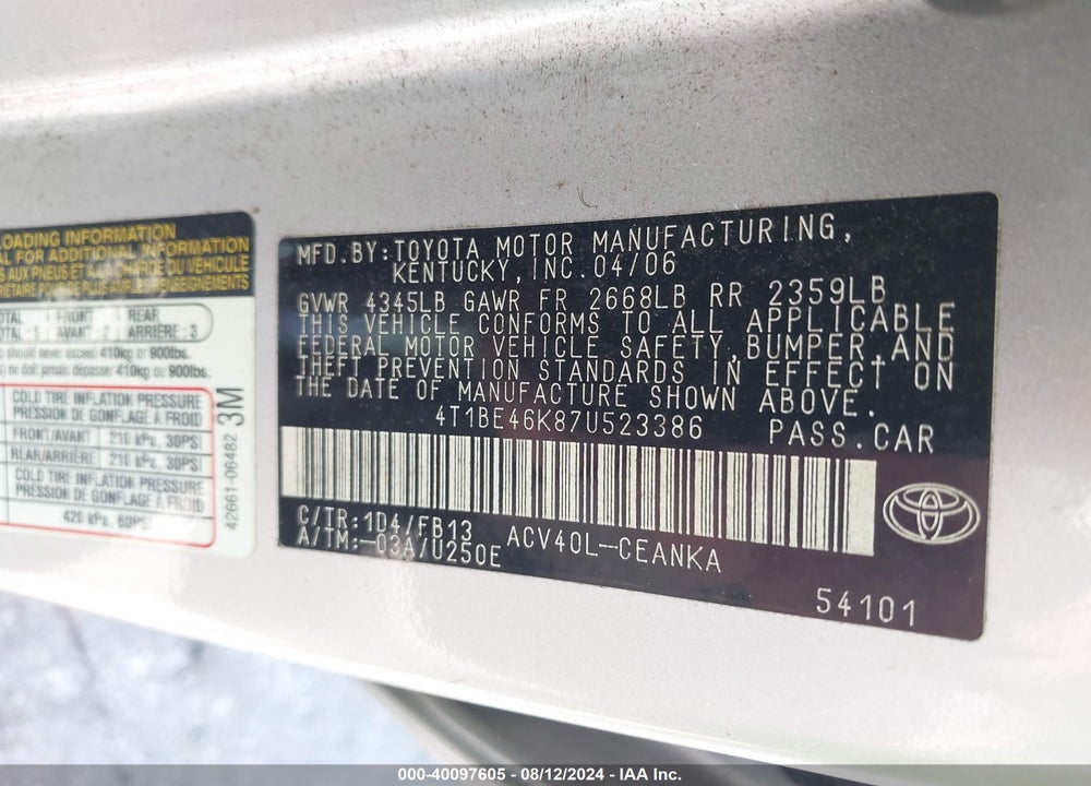 2007 TOYOTA CAMRY LE VIN: 4T1BE46K87U523386