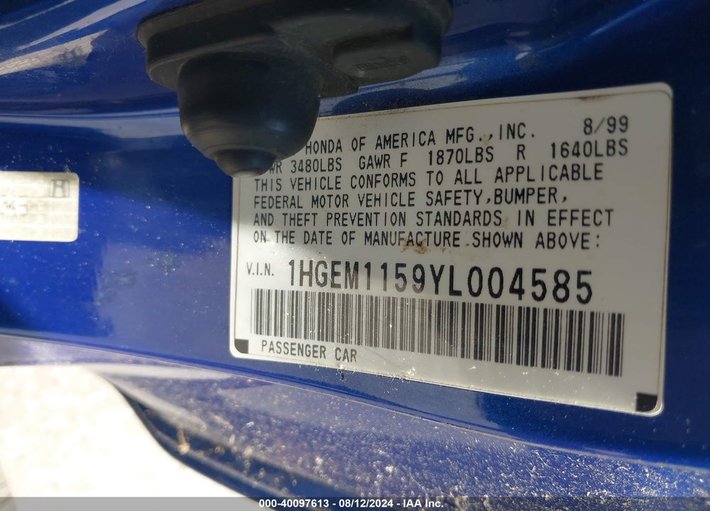2000 HONDA CIVIC SI VIN: 1HGEM1159YL004585