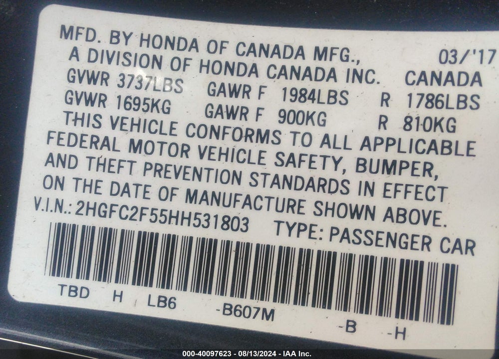 2017 HONDA CIVIC LX VIN: 2HGFC2F55HH531803