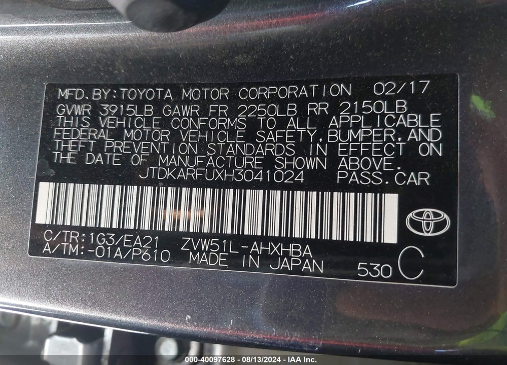 2017 TOYOTA PRIUS VIN: JTDKARFUXH3041024