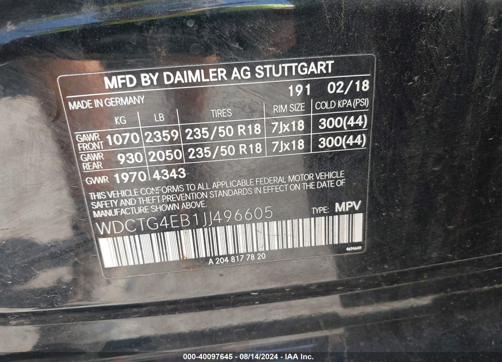 2018 MERCEDES-BENZ GLA 250 VIN: WDCTG4EB1JJ496605