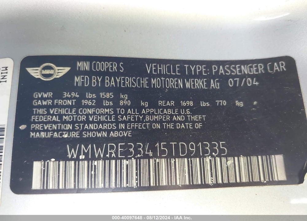 2005 MINI COOPER S VIN: WMWRE33415TD91335