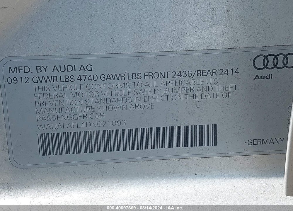 2013 AUDI A4 2.0T PREMIUM VIN: WAUAFAFL4DN021093