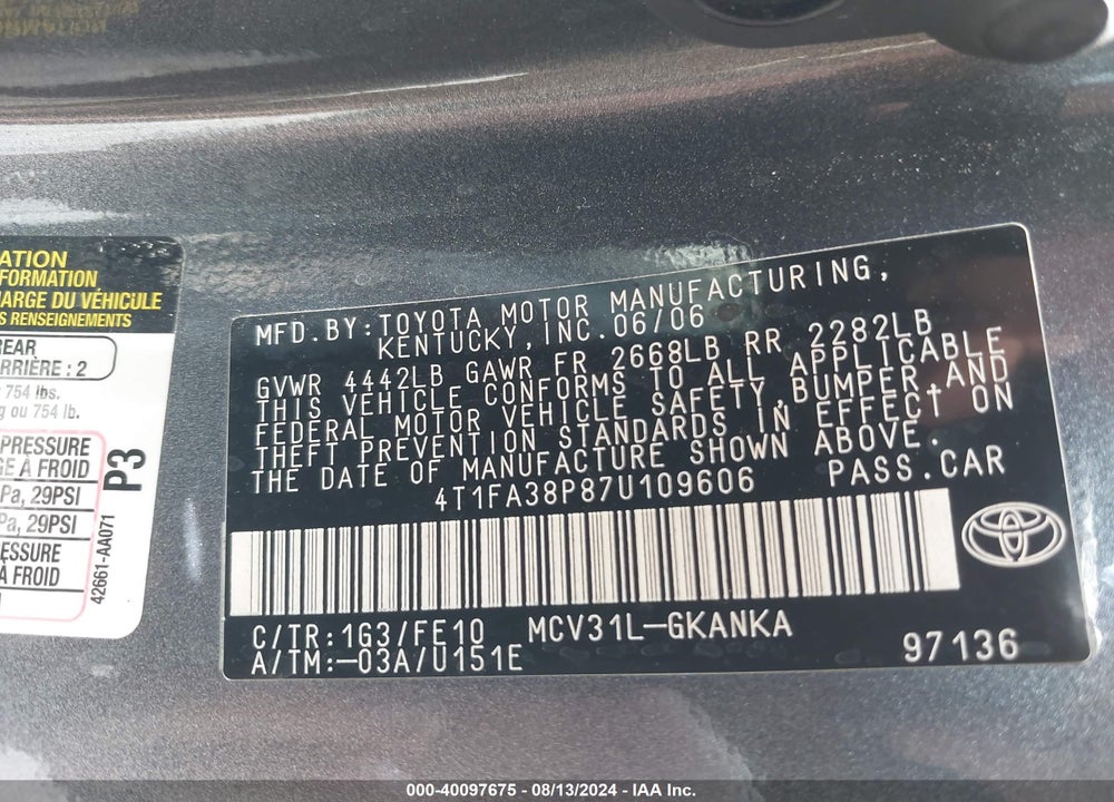 2007 TOYOTA CAMRY SOLARA VIN: 4T1FA38P87U109606