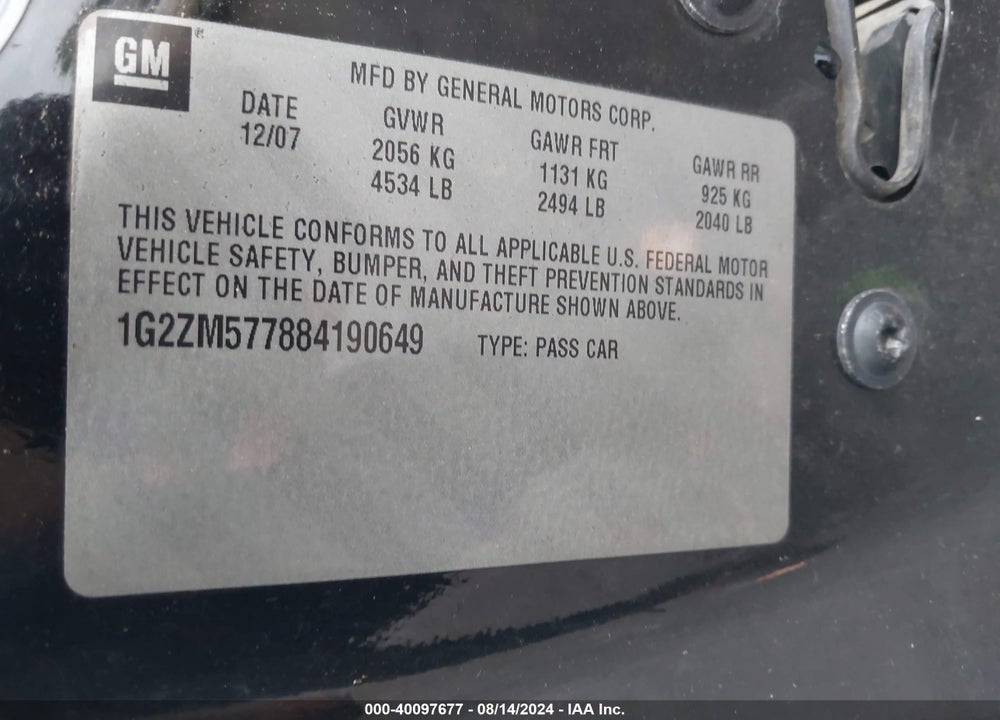 2008 PONTIAC G6 GXP VIN: 1G2ZM577884190649