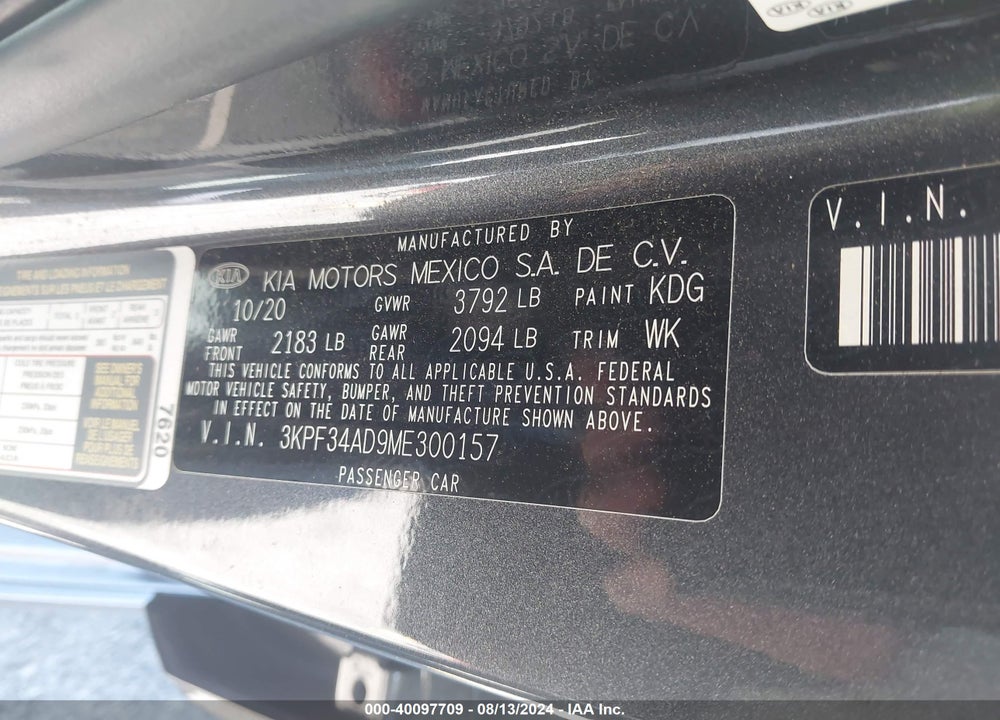 2021 KIA FORTE GT LINE VIN: 3KPF34AD9ME300157
