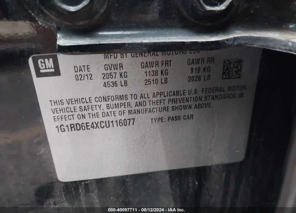 2012 CHEVROLET VOLT VIN: 1G1RD6E4XCU116077
