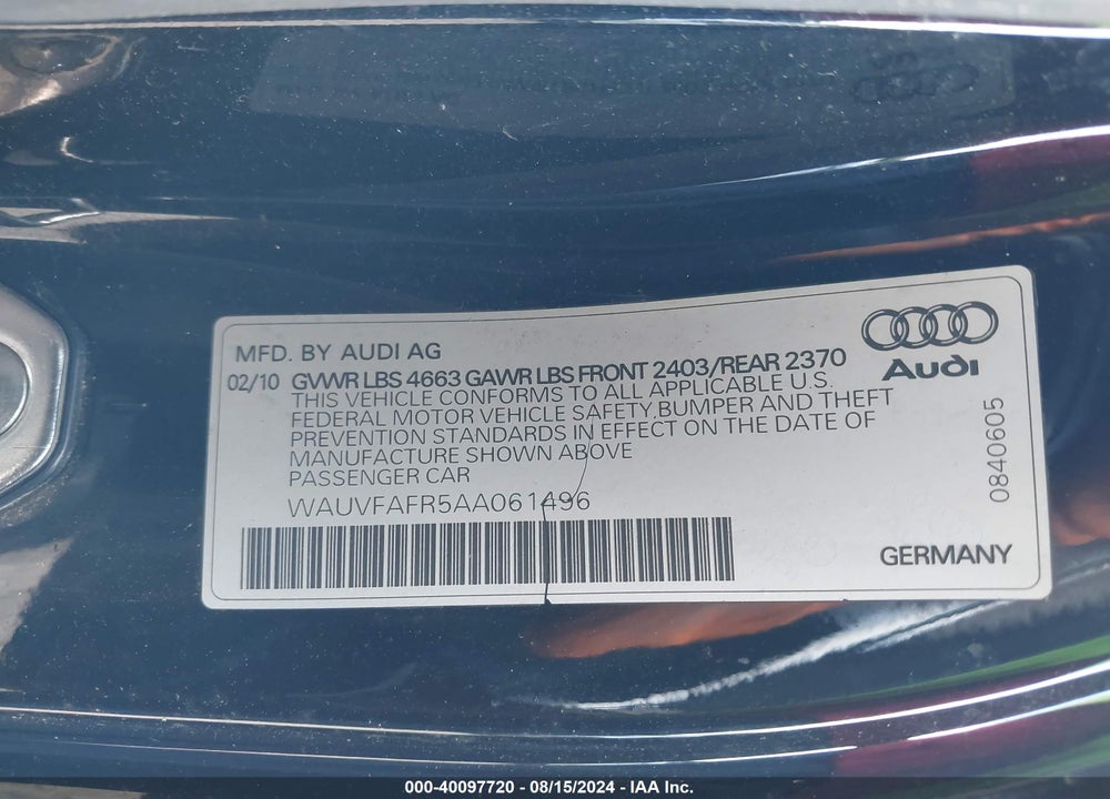 2010 AUDI A5 VIN: WAUVFAFR5AA061496