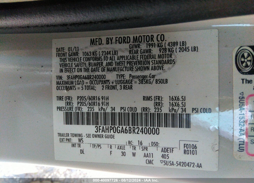 2011 FORD FUSION S VIN: 3FAHP0GA6BR240000