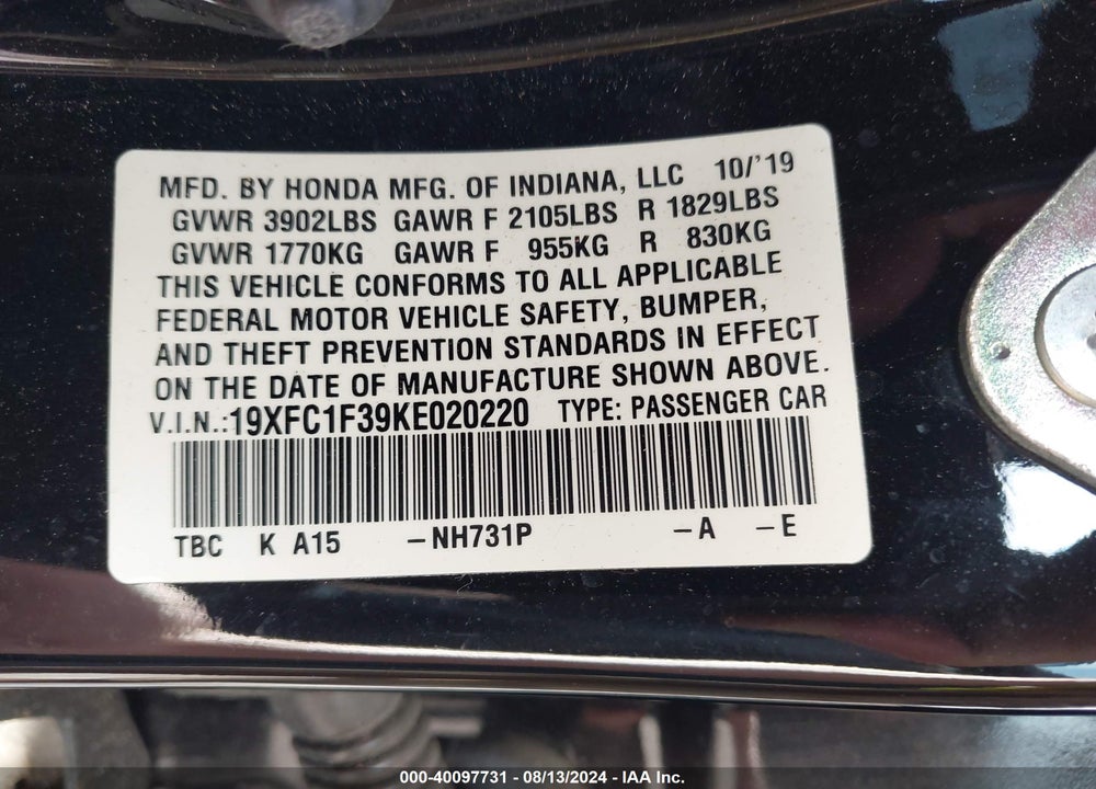 2019 HONDA CIVIC EX VIN: 19XFC1F39KE020220