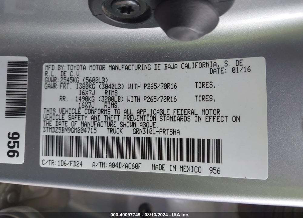 2016 TOYOTA TACOMA TRD OFF ROAD VIN: 3TMDZ5BN9GM004715