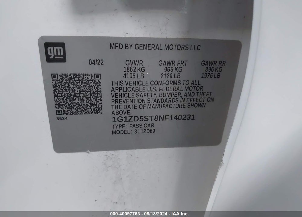 2022 CHEVROLET MALIBU FWD LT VIN: 1G1ZD5ST8NF140231